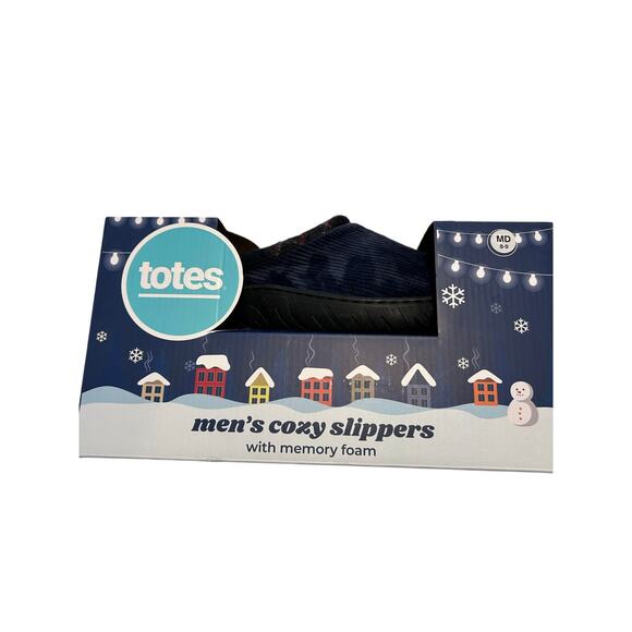 Totes Toasties Men's Memory Foam Slippers - Navy Blue & Plaid - Size MD 8-9 NEW - Picture 3 of 3